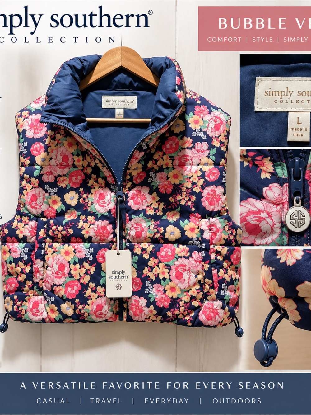 Simply Southern Floral Puffer Bubble Vest Women’s Large NWT Navy Pink Full Zip